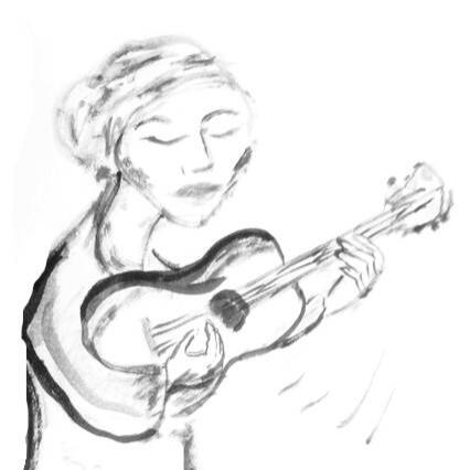 ink drawing of woman playing guitar